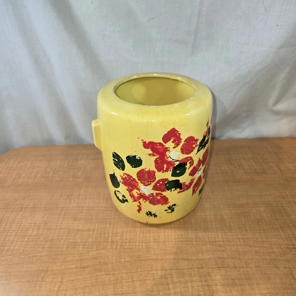 Vintage MCCOY Yellow Cookie Jar with Red flowers - NO‎ LID 8
